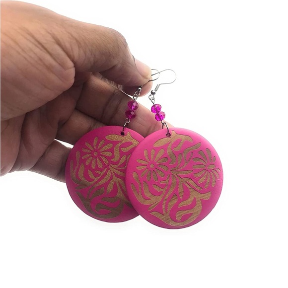 Hot Pink Wooden Disk Statement Dangle Earrings - Picture 4 of 5